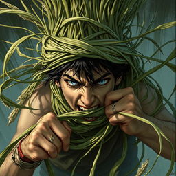 An enthralling fantasy illustration featuring a person ensnared by long grasses that wrap tightly around their head, constricting and pulling them towards the ground