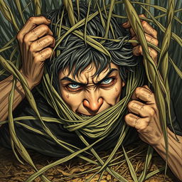 An enthralling fantasy illustration featuring a person ensnared by long grasses that wrap tightly around their head, constricting and pulling them towards the ground