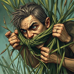 An enthralling fantasy illustration featuring a person ensnared by long grasses that wrap tightly around their head, constricting and pulling them towards the ground