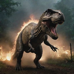 Amplify the intensity of the image by displaying the powerful Tyrannosaurus Rex breaking through the now powerless electric fence, shattering the illusion of safety within the engulfed-in-darkness Jurassic Park.