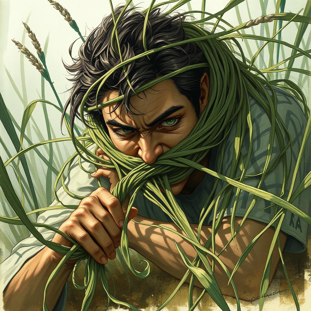 An enthralling fantasy illustration featuring a person ensnared by long grasses that wrap tightly around their head, constricting and pulling them towards the ground