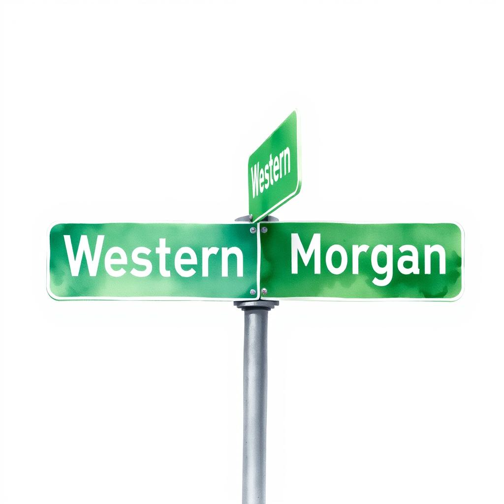 Watercolor illustration of a green street intersection sign featuring the word "Western" in white letters on the left side and "Morgan" in white letters on the right side