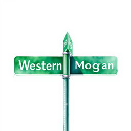 Watercolor illustration of a green street intersection sign featuring the word "Western" in white letters on the left side and "Morgan" in white letters on the right side