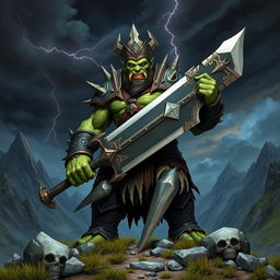 A powerful and imposing orc king standing tall in a fantasy landscape, wielding a massive, intricately designed sword