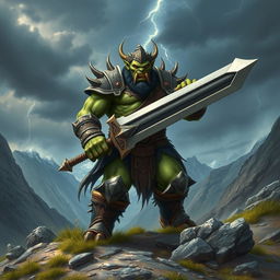 A powerful and imposing orc king standing tall in a fantasy landscape, wielding a massive, intricately designed sword