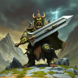 A powerful and imposing orc king standing tall in a fantasy landscape, wielding a massive, intricately designed sword