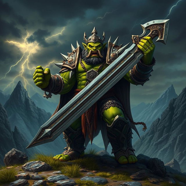 A powerful and imposing orc king standing tall in a fantasy landscape, wielding a massive, intricately designed sword