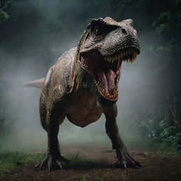 Amplify the intensity of the image by displaying the powerful Tyrannosaurus Rex breaking through the now powerless electric fence, shattering the illusion of safety within the engulfed-in-darkness Jurassic Park.