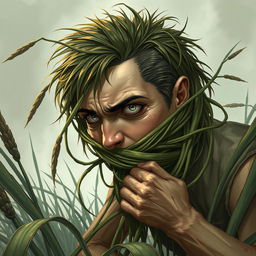 A mesmerizing fantasy illustration showcasing a person whose head is entangled by long grasses that wrap tightly around, constricting and pulling them towards the ground