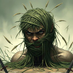 A mesmerizing fantasy illustration showcasing a person whose head is entangled by long grasses that wrap tightly around, constricting and pulling them towards the ground