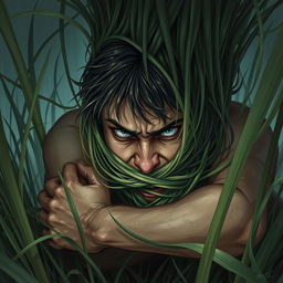 A mesmerizing fantasy illustration showcasing a person whose head is entangled by long grasses that wrap tightly around, constricting and pulling them towards the ground