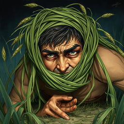 A mesmerizing fantasy illustration showcasing a person whose head is entangled by long grasses that wrap tightly around, constricting and pulling them towards the ground