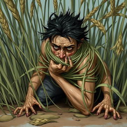 A captivating fantasy illustration depicting a person ensnared by long grasses that wrap tightly around their body, constricting and immobilizing them while pulling them towards the ground