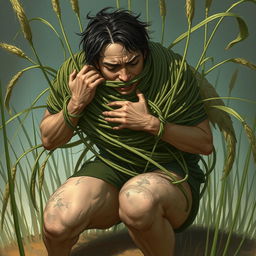 A captivating fantasy illustration depicting a person ensnared by long grasses that wrap tightly around their body, constricting and immobilizing them while pulling them towards the ground