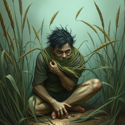 A captivating fantasy illustration depicting a person ensnared by long grasses that wrap tightly around their body, constricting and immobilizing them while pulling them towards the ground