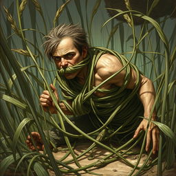 A captivating fantasy illustration depicting a person ensnared by long grasses that wrap tightly around their body, constricting and immobilizing them while pulling them towards the ground