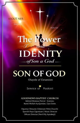 A beautifully designed front and back page for a service of songs booklet titled 'The Power and Identity of a Son of God'