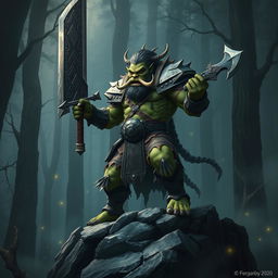 A fierce orc king standing proudly on a rocky outcrop, wielding an enormous and intricately crafted sword