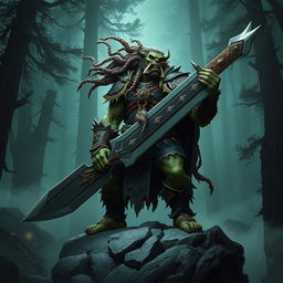 A fierce orc king standing proudly on a rocky outcrop, wielding an enormous and intricately crafted sword