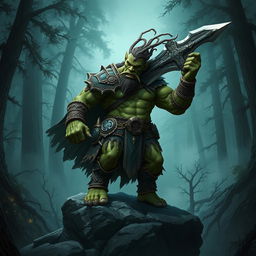 A fierce orc king standing proudly on a rocky outcrop, wielding an enormous and intricately crafted sword