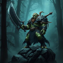 A fierce orc king standing proudly on a rocky outcrop, wielding an enormous and intricately crafted sword