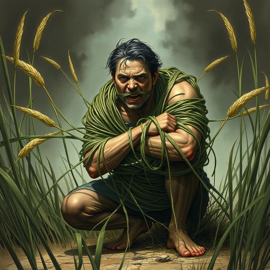 A striking fantasy illustration depicting a person who is ensnared by long grasses wrapping themselves extremely tightly around their body, effectively constricting and immobilizing them while pulling them towards the ground