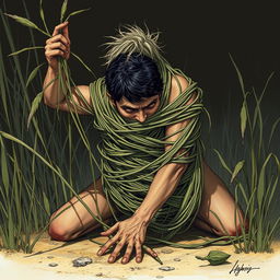 A striking fantasy illustration depicting a person who is ensnared by long grasses wrapping themselves extremely tightly around their body, effectively constricting and immobilizing them while pulling them towards the ground