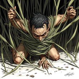 A striking fantasy illustration depicting a person who is ensnared by long grasses wrapping themselves extremely tightly around their body, effectively constricting and immobilizing them while pulling them towards the ground