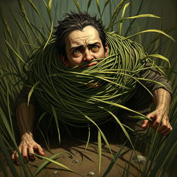 A striking fantasy illustration depicting a person who is ensnared by long grasses wrapping themselves extremely tightly around their body, effectively constricting and immobilizing them while pulling them towards the ground