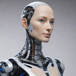 A humanoid robot designed with advanced artificial skin, intricate mechanical details, and a realistic human-like appearance.