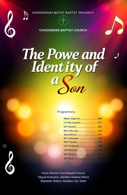 Front and back page design for a service of songs at Goodnews Baptist Church, featuring the title 'The Power and Identity of a Son'