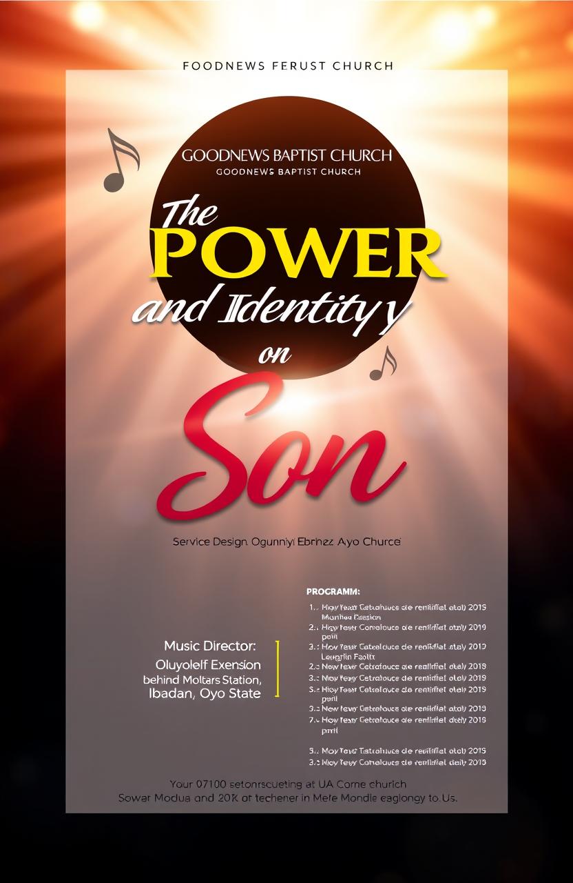 Front and back page design for a service of songs at Goodnews Baptist Church, featuring the title 'The Power and Identity of a Son'