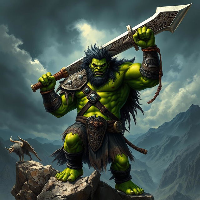 A fierce orc king standing on a rocky cliff, holding a massive, ornate sword high above his head