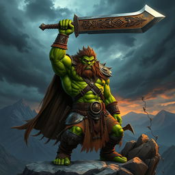 A fierce orc king standing on a rocky cliff, holding a massive, ornate sword high above his head