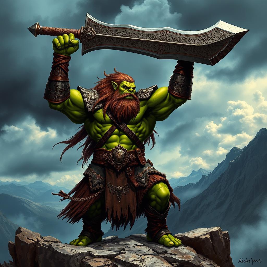 A fierce orc king standing on a rocky cliff, holding a massive, ornate sword high above his head