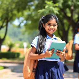 A vibrant school scene featuring a young Indian girl in a traditional school uniform