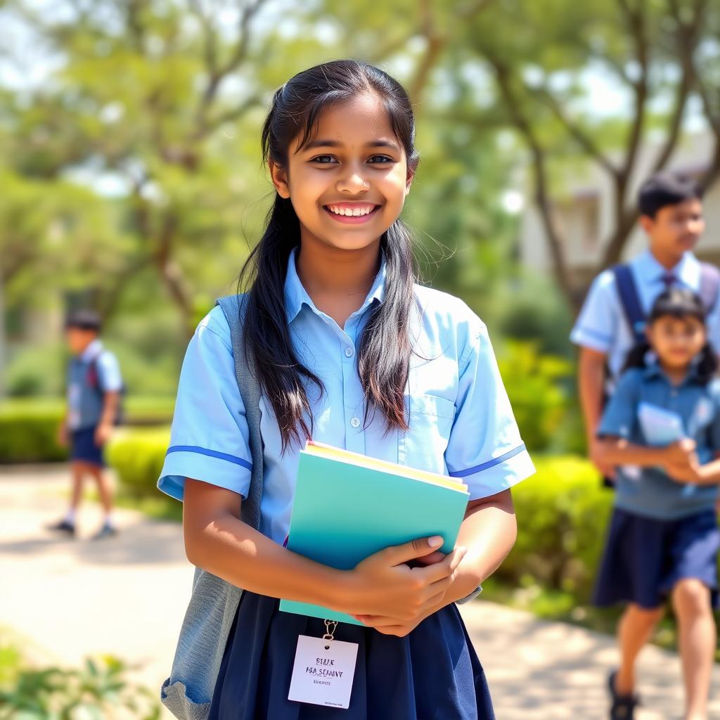 A vibrant school scene featuring a young Indian girl in a traditional school uniform