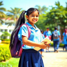 A vibrant school scene featuring a young Indian girl in a traditional school uniform