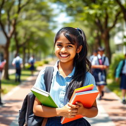 A vibrant school scene featuring a young Indian girl in a traditional school uniform