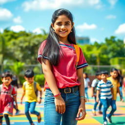 A vibrant portrait of a confident Indian school girl wearing fashionable tight skinny jeans