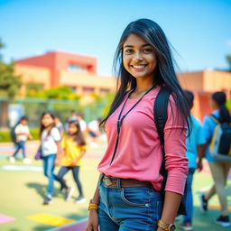 A vibrant portrait of a confident Indian school girl wearing fashionable tight skinny jeans