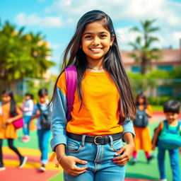 A vibrant portrait of a confident Indian school girl wearing fashionable tight skinny jeans