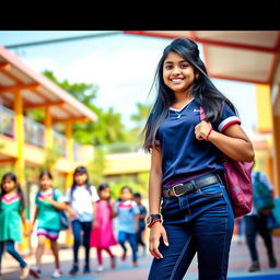 A vibrant portrait of a confident Indian school girl wearing fashionable tight skinny jeans