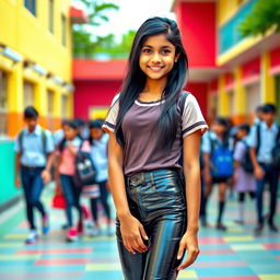 A vibrant portrait of a confident Indian school girl wearing shiny, tight leather jeans paired with stylish shoes