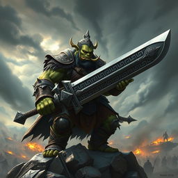 An imposing orc king standing on a rocky hilltop, wielding a gigantic, ornate sword with intricate engravings