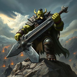 An imposing orc king standing on a rocky hilltop, wielding a gigantic, ornate sword with intricate engravings