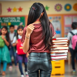 A lively portrait of a fashionable Indian school girl from the back, showcasing her style as she wears tight, shiny leather jeans and a stylish satin t-shirt that reveals her open navel