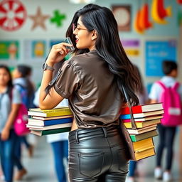 A lively portrait of a fashionable Indian school girl from the back, showcasing her style as she wears tight, shiny leather jeans and a stylish satin t-shirt that reveals her open navel