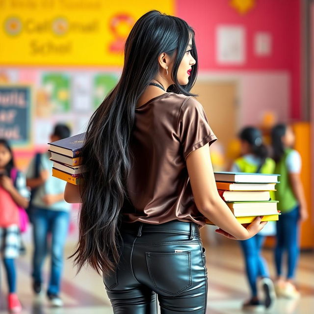 A lively portrait of a fashionable Indian school girl from the back, showcasing her style as she wears tight, shiny leather jeans and a stylish satin t-shirt that reveals her open navel