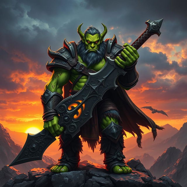 A powerful orc king standing on a rugged landscape, gripping his massive sword with both hands